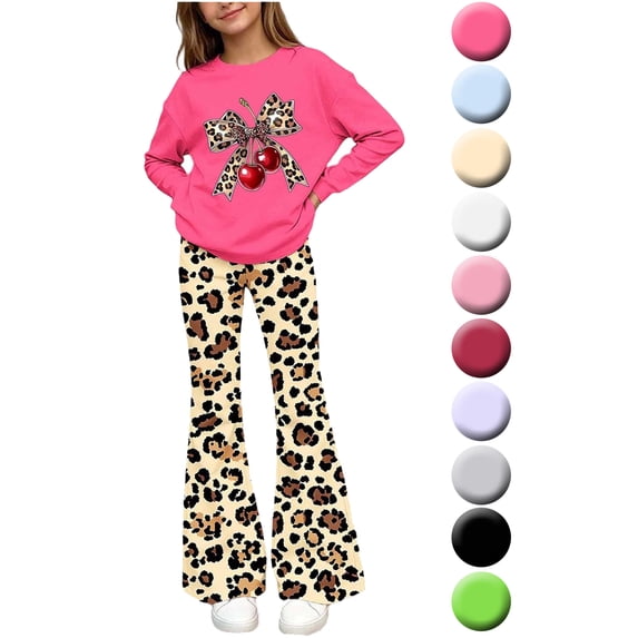 Girls 2 Piece Outfits Sets Crew Neck Long‑Sleeve Top & Elastic Waist Slight Flare Pants for 5‑15 Years Old