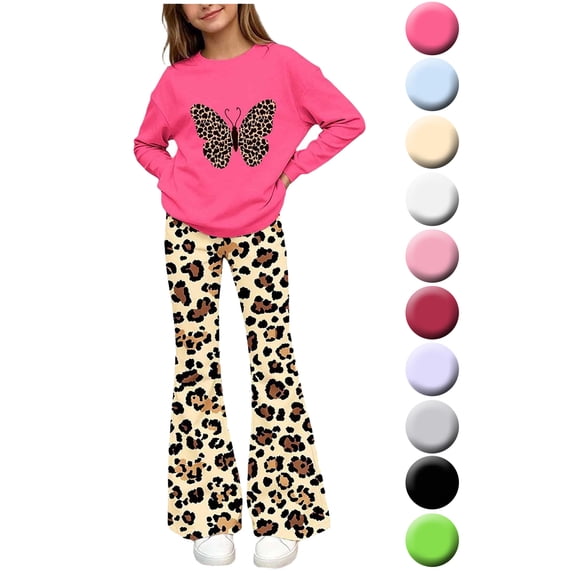 Girls 2 Piece Outfits Sets Crew Neck Long‑Sleeve Top & Elastic Waist Slight Flare Pants for 5‑15 Years Old