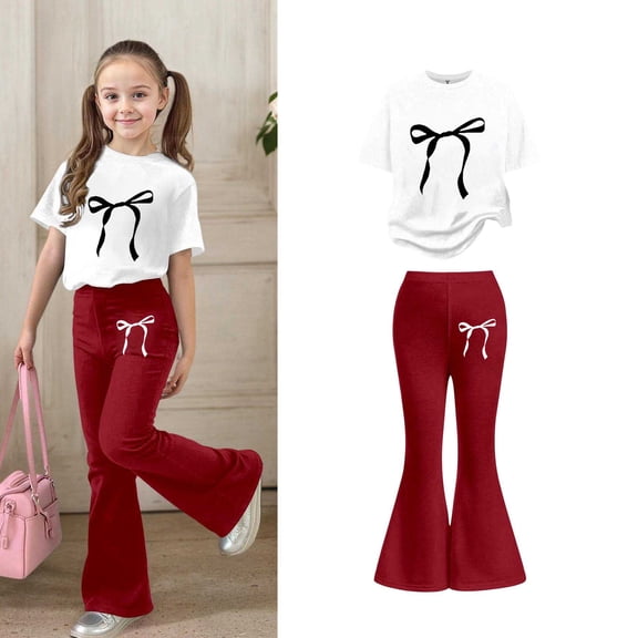 Girls 2 Piece Outfits Short Sleeve Bow T-Shirt Top and Flared Pants Sets Spring Clothes 7-8 Years Girls Outfits