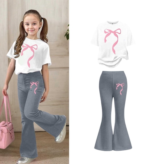 Girls 2 Piece Outfits Short Sleeve Bow T-Shirt Top and Flared Pants Sets Spring Clothes Preppy Clothes for Girls 5-6 Years