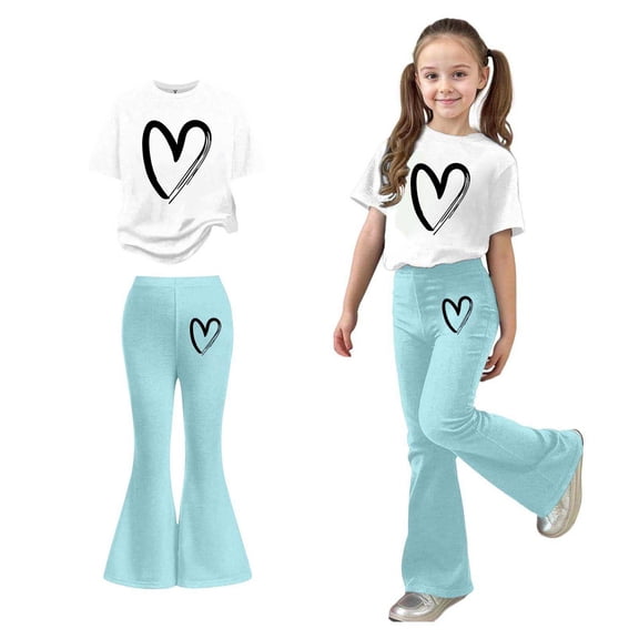 Girls 2 Piece Outfits Short Sleeve Heart T-Shirt Top and Flared Pants Sets Spring Clothes Outfits for Girls 7-8 Years