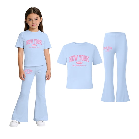 Girls 2 Piece Outfits Short Sleeve Letter Print T-Shirt Top and Flared Pants Set Summer Clothes 8-9 Years Old Girl Clothes