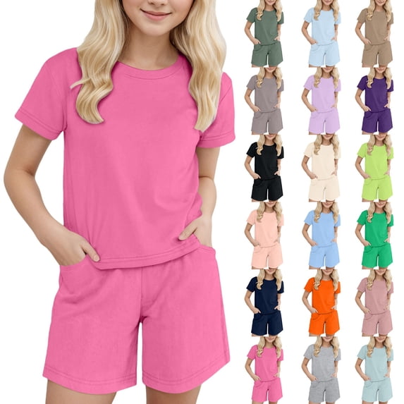 Girls 2 Piece Outfits Short Sleeve T Shirt and Drawstring Shorts Summer Clothing Sets Football Tracksuit Toddler Girl Clothes Solid Color