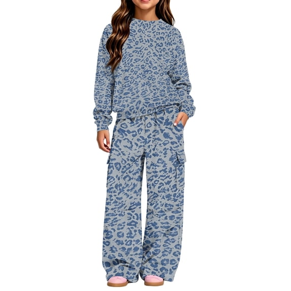 Girls 2 Piece Outfits Size 10-12 Leopard Print Crewneck Long Sleeve Sweatshirts and Cargo Sweatpant Winter Girls Activewear Set