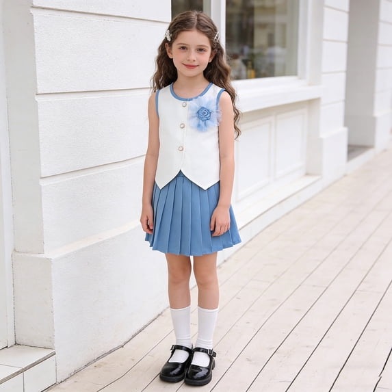 Girls 2 Piece Outfits Sleeveless Button Down Round Neck Top with Pleated A-Line Skirts Cute Preppy Style Sets Blue 2-3 Years
