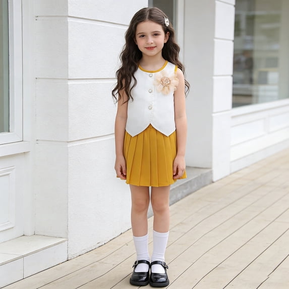 Girls 2 Piece Outfits Sleeveless Button Down Round Neck Top with Pleated A-Line Skirts Cute Preppy Style Sets Yellow 6-7 Years