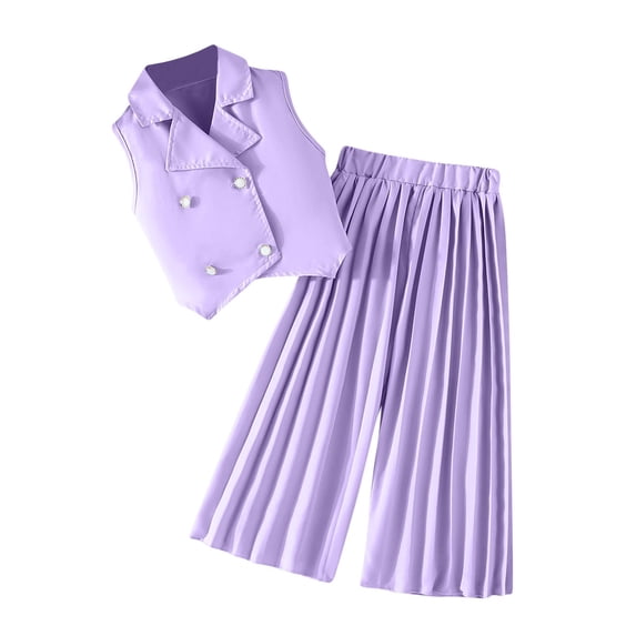 Girls 2 Piece Outfits Sleeveless Lapel Double Breasted Tops Elastic Waist Wide Leg Pleated Pants Lightweight Stylish Outfits (2-3Years, Purple)
