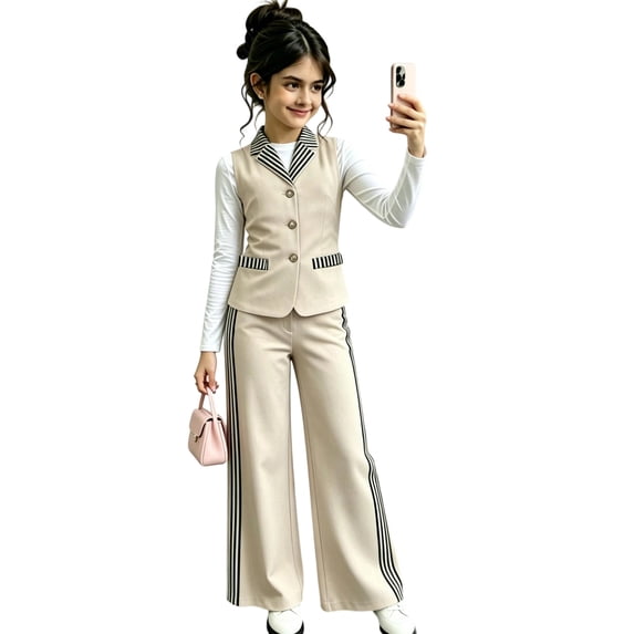 Girls 2 Piece Outfits Striped Lapel Button Suit Vest and Side Stripe Wide Leg Pants, Kids Fashion Preppy Casual Matching Outfit for Daily Outdoor Wear(Khaki,5-6 Years)