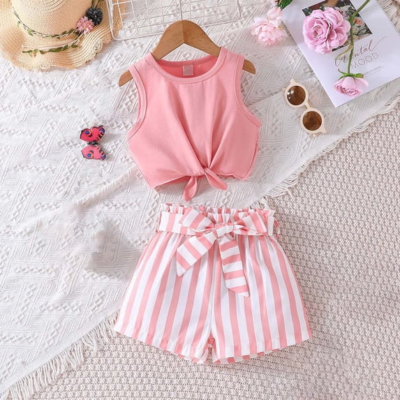 Girls 2 Piece Outfits Summer Clothes Ruffle Short Sleeve Shirts Top and Shorts Set with Pockets Pink 5-6 Years