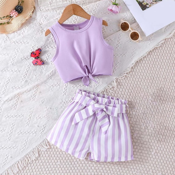 Girls 2 Piece Outfits Summer Clothes Ruffle Short Sleeve Shirts Top and Shorts Set with Pockets Purple 5-6 Years