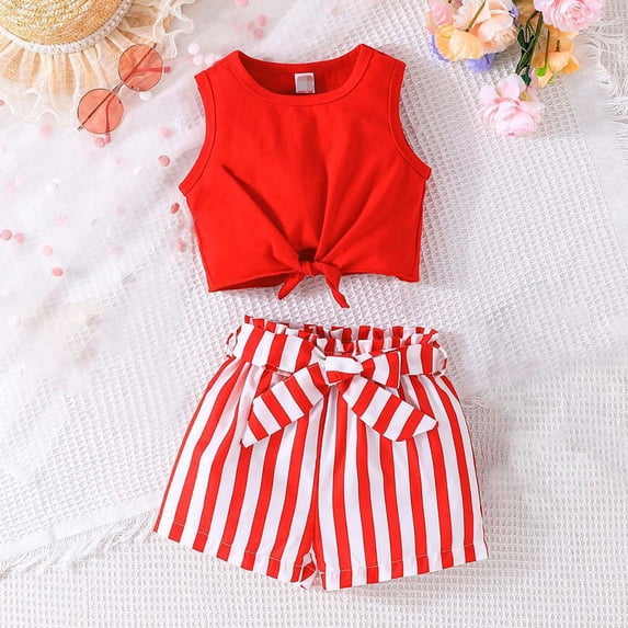 Girls 2 Piece Outfits Summer Clothes Ruffle Short Sleeve Shirts Top and Shorts Set with Pockets Red 5-6 Years