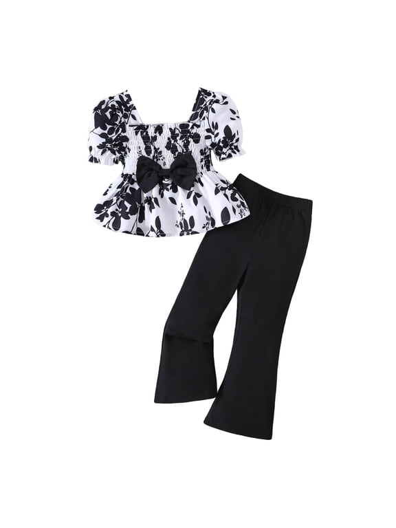 Girls 2 Piece Outfits Summer Clothes Square Neck Puff Sleeve Floral Print Tops Shirt Flared Pants Set Black 6-7 Years