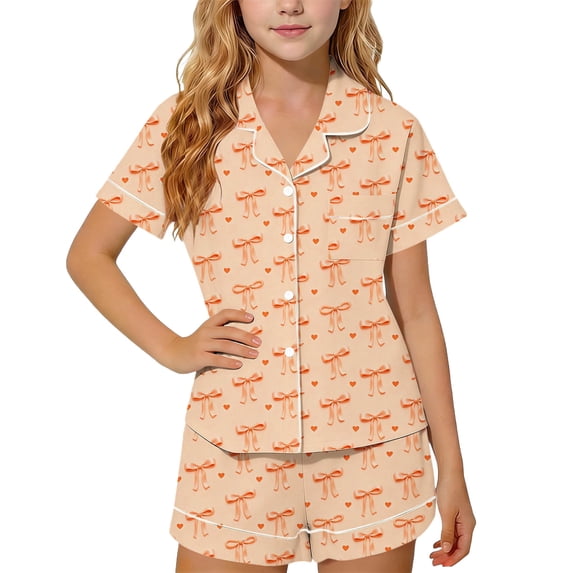 Girls 2 Piece Outfits Summer Lapel Printed Button Short Sleeve with Shorts Set Loungewear with Pockets Orange 3-4Years