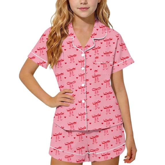 Girls 2 Piece Outfits Summer Lapel Printed Button Short Sleeve with Shorts Set Loungewear with Pockets Red 13-14Years