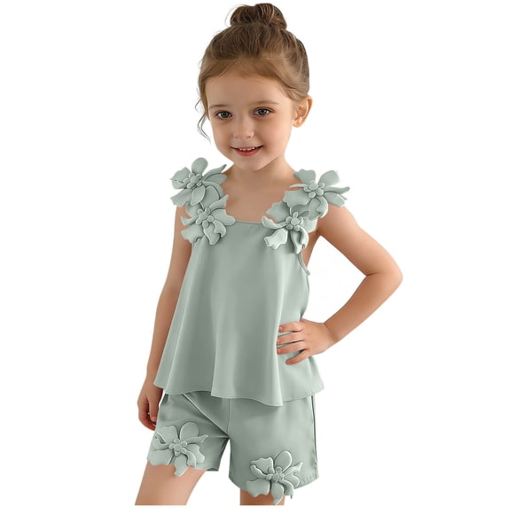 Girls 2 Piece Outfits Summer Sleeveless Flower Cami Tops and Shorts Sets for Kids Green 5-6 Years