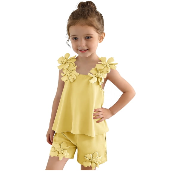 Girls 2 Piece Outfits Summer Sleeveless Flower Cami Tops and Shorts Sets for Kids Yellow 2-3 Years