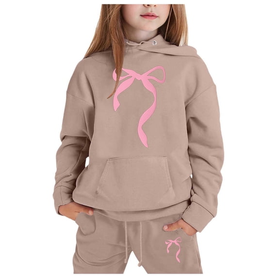 Girls 2 Piece Outfits Sweatsuit Bow Print Hoodie Sweatshirt and Sweatpant Tracksuit Athletic Jogger Sets,Khaki,4-5 Years