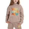 thumbnail image 1 of Girls 2 Piece Outfits Sweatsuit Jesus Loves You Letter Print Hoodie Sweatshirt and Sweatpant Tracksuit Athletic Jogger Sets,Khaki,8-9 Years, 1 of 6