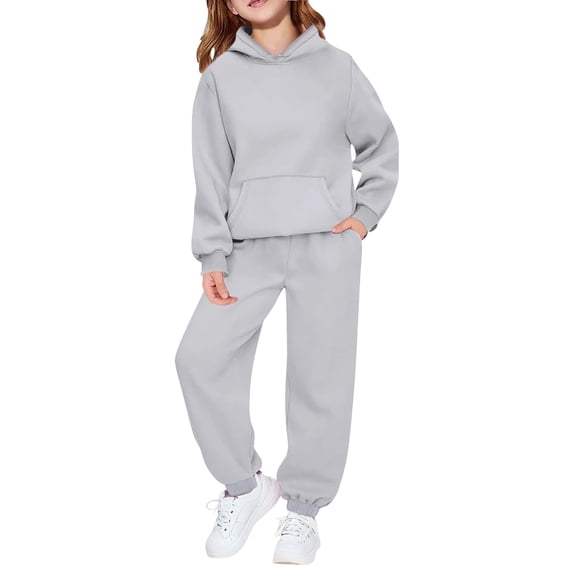 Girls 2 Piece Outfits Sweatsuit Kids Athletic Hooded Sweatshirt And Sweatpants Winter Casual Tracksuit Sets, Light Gray, 10-11 Years
