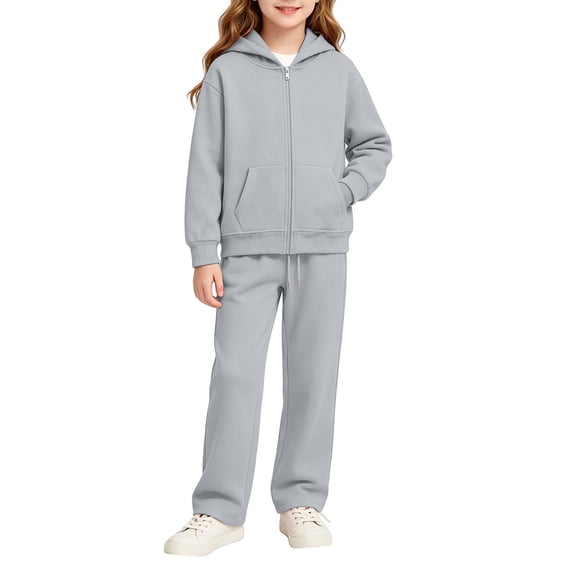 Girls 2 Piece Outfits Sweatsuits Zip Up Hoodie Sweatshirt and Sweatpant Tracksuit Jogger Set Lounge Set Sweat Suit, Gray, 7-8 Years
