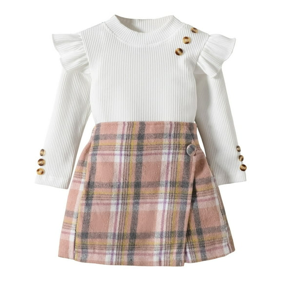 Girls 2 Piece Outfits Toddler Girl Ruffle Long Sleeve Top  Plaid Mini Pleated Skirt 2Pcs Clothes Set Baby Kid Fall Winter Outfit