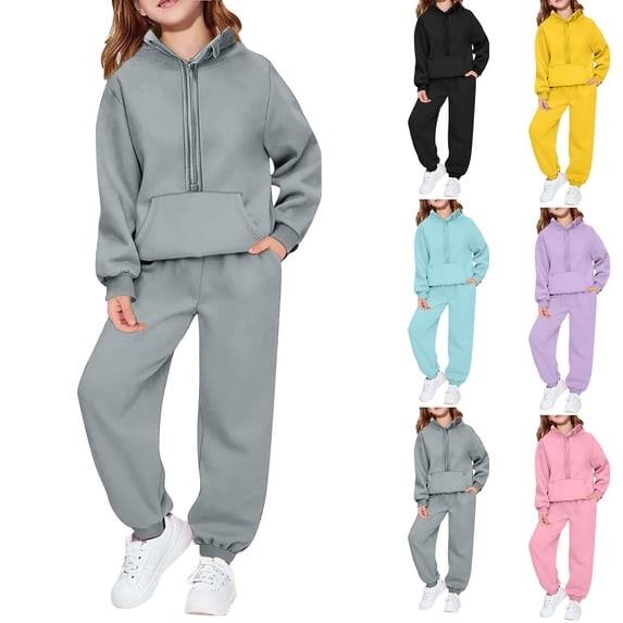 Girls 2 Piece Outfits Tracksuit Drop Shoulder Hoodie Half Zip Sweatshirt and Sweatpants Joggers Set with Pockets