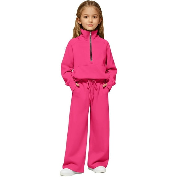 Girls 2 Piece Outfits Tracksuit Drop Shoulder Sweatshirt Quarter Zip Sweatshirt and Sweatpants Joggers Set with Pockets,Color:Hot Pink,5-6 Years
