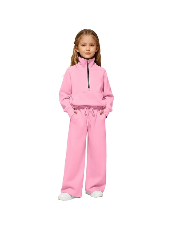 Girls 2 Piece Outfits Tracksuit Drop Shoulder Sweatshirt Quarter Zip Sweatshirt and Sweatpants Joggers Set with Pockets,Color:Pink,9-10 Years