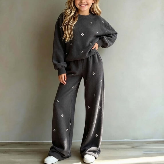 Girls 2 Piece Outfits Tween Size 9-10 Fuzzy Fleece Sweatsuit Long Sleeve Crewneck Pullover Sweatshirt with Cute Pattern Wide Leg Pants Tracksuit Winter Loungewear Set