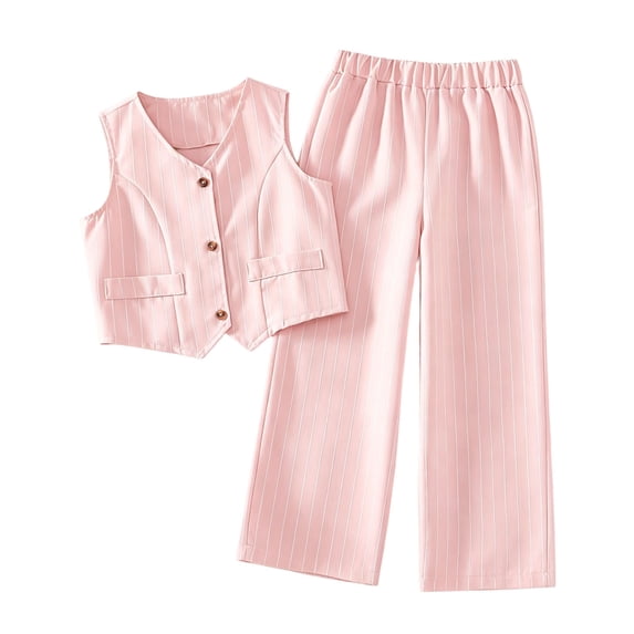 Girls 2 Piece Outfits Vertical Stripe V-Neck Sleeveless Suit Vest and Elastic Waist Wide Leg Pants, Kids Formal Casual Summer Matching Outfit for Party Daily Wear(Pink,3-4 Years)