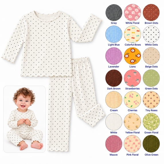 Girls 2 Piece Pajama Set, Polka Dot Wavy Trim Long Sleeve Top and Pants, Soft Kids Loungewear Sleepwear Outfit for Daily Wear | Akmoler,White 2-3 Years