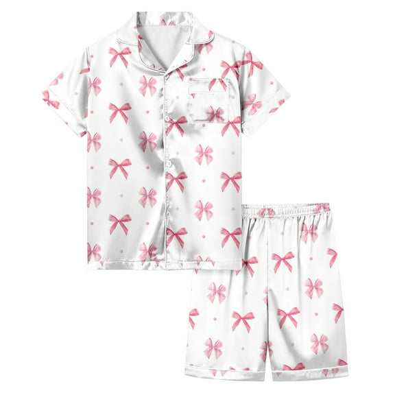 Girls 2 Piece Pajamas Set Valentine's Day Pjs Button Down Short Sleeve & Short Pants Outfit Heart Print Nightwear Outfits Fashion 2-Piece Sleepwear Pjs for Kids Pink,12-13 Years