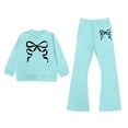 thumbnail image 1 of Girls 2 Piece Pants Set Bow Print Casual Girl Clothes Girls Summer Outfits Size 12 Long Sleeve Sweatshirt with Flare Leg Pants(Size 6-7 Years,Sky Blue), 1 of 4