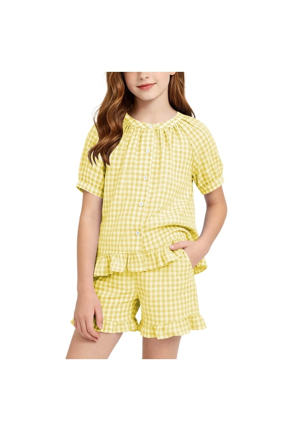 Girls 2 Piece Plaid Suit Puff Short Sleeve Crew Neck Tops Elastic Waist Short Ruffled Hem Cute Casual Outfits (7-8 Years, Yellow)