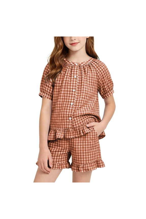Girls 2 Piece Plaid Suit Puff Short Sleeve Crew Neck Tops Elastic Waist Short Ruffled Hem Cute Casual Outfits (9-10 Years, Brown)