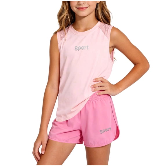 Girls 2 Piece Quick Dry Ice Silk Active Set Sleeveless Crew Neck Tank Top Mesh Patchwork Athletic Shorts Summer Sports Outfit for Kids 1-16 Years Pink