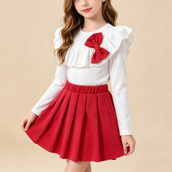Girls' 2-Piece Ruffle Bow Long Sleeve Top & Pleated Skirt, sweet daily outfit for regular wear, birthday parties and casual weekend outings, 3-11 Years Red 5-6 Years