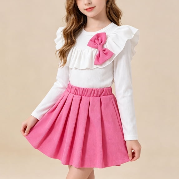 Girls' 2-Piece Ruffle Bow Long Sleeve Top & Pleated Skirt, sweet daily outfit for regular wear, birthday parties and casual weekend outings, 3-11 Years