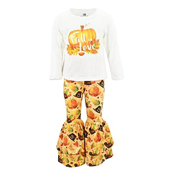 Girls 2 Piece Ruffled Fall Love Thanksgiving Clothes Set Outfit (12Y, White)