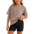 thumbnail image 1 of Girls 2 Piece School Tracksuit Kids Co Ord Set Summer Short Sleeve T-Shirt Outfit Sports Shorts Clothing Sets Lightweight Breathable Sweatsuits Brown 11-12 Years, 1 of 6
