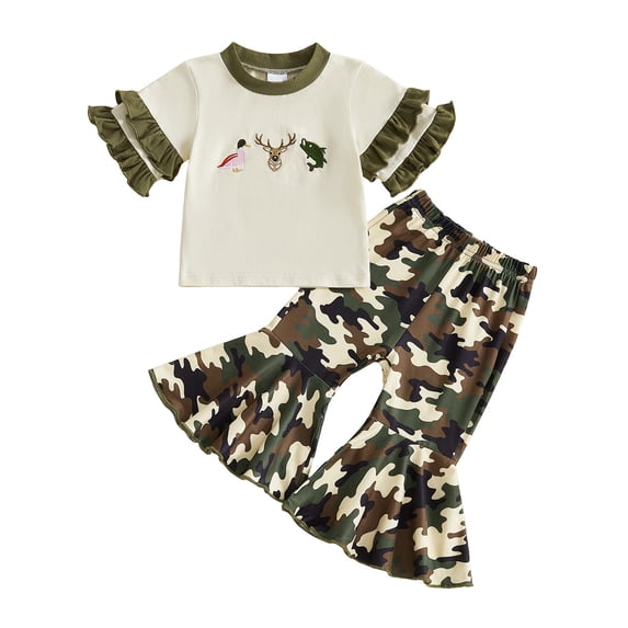 Girls 2 Piece Set Animal Embroidery Lace Short Sleeve Romper Camo Jogger Pants Outfit for Toddler Kids