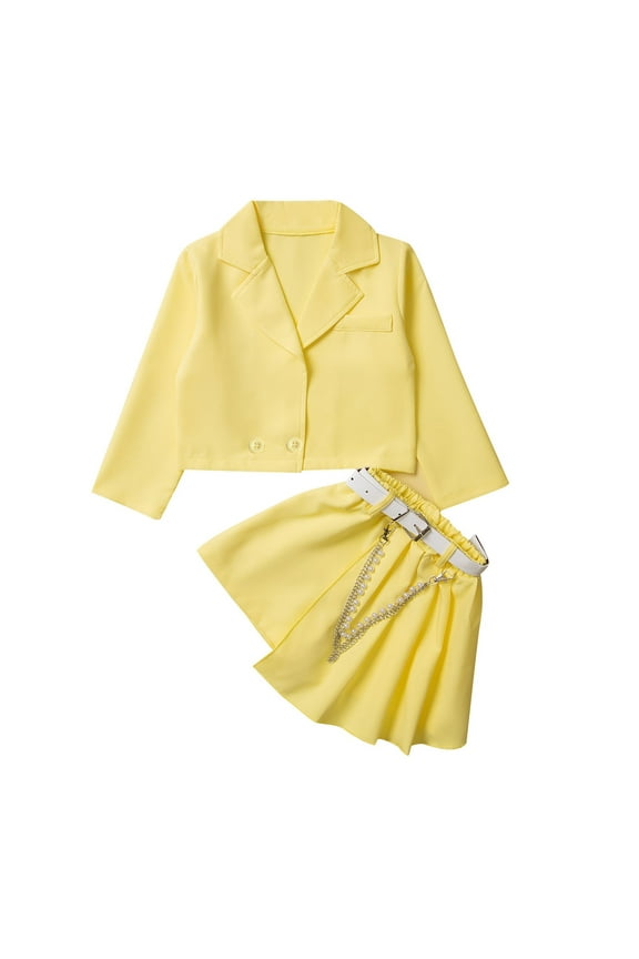 Girls 2 Piece Set Business Casual Outfits Long Sleeve Button Front Blazer Jacket Pleated Skirt Sets with Belt Dressy Yellow, 2 Y