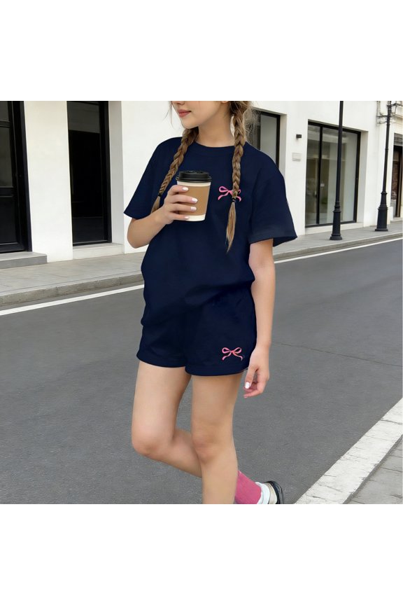 Girls 2 Piece Set Coquette Outfit Navy Bowknot Short Sleeve Top and Matching Lounge Shorts Polyester Casual Summer Clothes,Size 5-6T