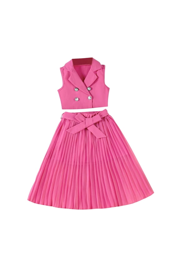 Girls 2 Piece Set Hot Pink Sleeveless Blazer & Pleated Skirt Outfit for Kids Little Kid Formal Dressy Church Easter Party Age 2-8 Years,Size 7-8T