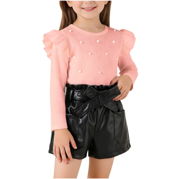 Girls 2 Piece Set Pink Ruffle Sleeve Top & Faux Faux Leather Shorts Outfit for Kids Kids 2-8 Years,Size 7-8T