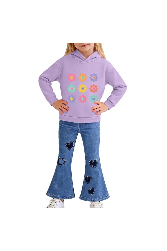 Girls 2-Piece Set Purple Floral Hoodie & Flare Jeans, Retro 70s Outfit with Heart Patches, Matching Play Set for Kids to 8 Years,Size 7-8 T