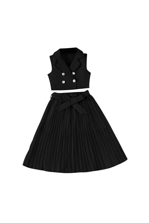 Girls 2 Piece Set Sleeveless Blazer Vest & Pleated Skirt Outfit Black Dressy Church Party Easter Age 2-8 Years,Size 4-5T