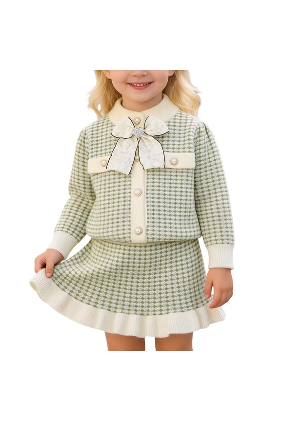 Girls 2 Piece Set Tweed Jacket Knit Cardigan and Skirt with Ruffle Trim Outfit Toddler Girl Chunky Knit Sweater Dress