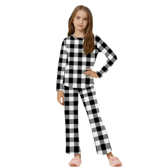Girls 2 Piece Sets Casual Long Sleeve Plaid Crewneck Sleepwear Elastic Waist Loose Pants Lightweight Comfy Soft Lounge Set 3-12 Years