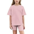 thumbnail image 1 of Girls 2 Piece Sets Short Sleeve Summer Oversized Shirts Elastic Waist Slim Fit Yoga Shorts Lightweight Solid Color Casual Sports Outfit Set 5-15 Years, 1 of 5